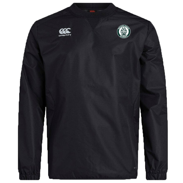 The Woodlands Youth Club Vaposhield Contact Top by EMB Canterbury is a black long-sleeve rugby top with an embroidered circular wolf paw logo—perfect custom apparel for training or game day.