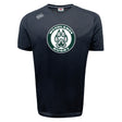 The Woodlands Youth Tempo Vapodri T-Shirt by WRS Canterbury is a black short-sleeve tee with a white and green "Woodlands Rugby" paw print logo on the chest, Canterbury logo on the right shoulder, and moisture-wicking fabric.