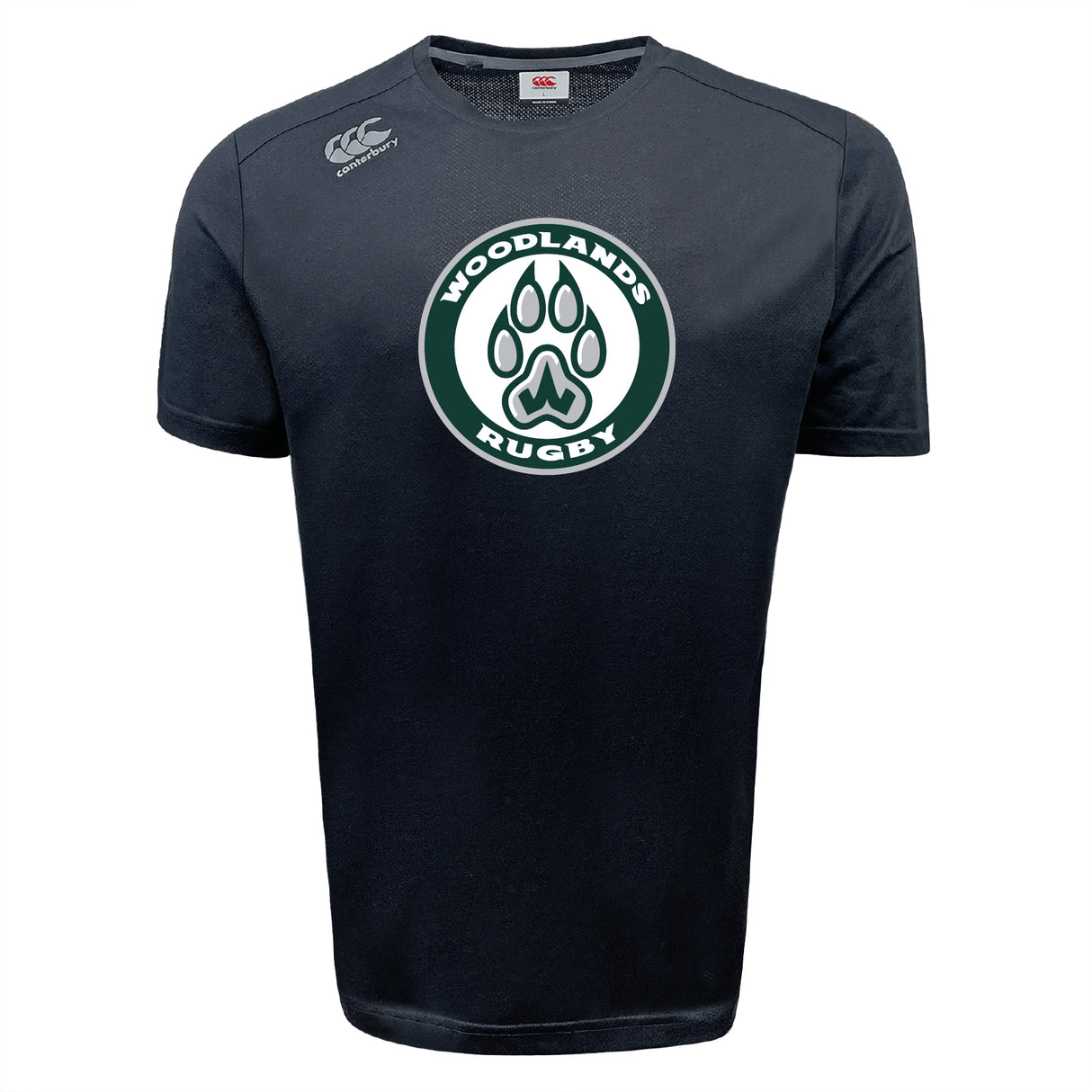 The Woodlands Youth Tempo Vapodri T-Shirt by WRS Canterbury is a black short-sleeve tee with a white and green "Woodlands Rugby" paw print logo on the chest, Canterbury logo on the right shoulder, and moisture-wicking fabric.