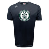 The Woodlands Youth Tempo Vapodri T-Shirt by WRS Canterbury is a black short-sleeve tee with a white and green "Woodlands Rugby" paw print logo on the chest, Canterbury logo on the right shoulder, and moisture-wicking fabric.