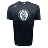The Woodlands Youth Tempo Vapodri T-Shirt by WRS Canterbury is a black short-sleeve tee with a white and green "Woodlands Rugby" paw print logo on the chest, Canterbury logo on the right shoulder, and moisture-wicking fabric.