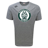 The Woodlands Youth Tempo Vapodri T-Shirt by WRS Canterbury is a gray short-sleeve tee with a large green paw print "Woodlands Rugby" logo on the chest, designed for athletic performance and moisture-wicking comfort.