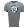 The Woodlands Youth Tempo Vapodri T-Shirt by WRS Canterbury is a gray short-sleeve tee with a large green paw print "Woodlands Rugby" logo on the chest, designed for athletic performance and moisture-wicking comfort.