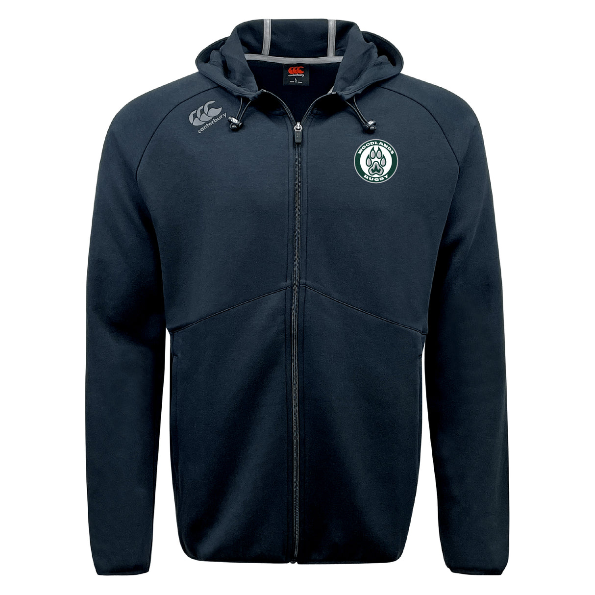 The Woodlands Youth Tempo Vapodri Full-Zip Hoodie by EMB Canterbury is a black hoodie with a hood, Ireland rugby emblem on the left chest, Canterbury logo on the right shoulder, and moisture-wicking fabric for comfort.