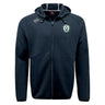 The Woodlands Youth Tempo Vapodri Full-Zip Hoodie by EMB Canterbury is a black hoodie with a hood, Ireland rugby emblem on the left chest, Canterbury logo on the right shoulder, and moisture-wicking fabric for comfort.