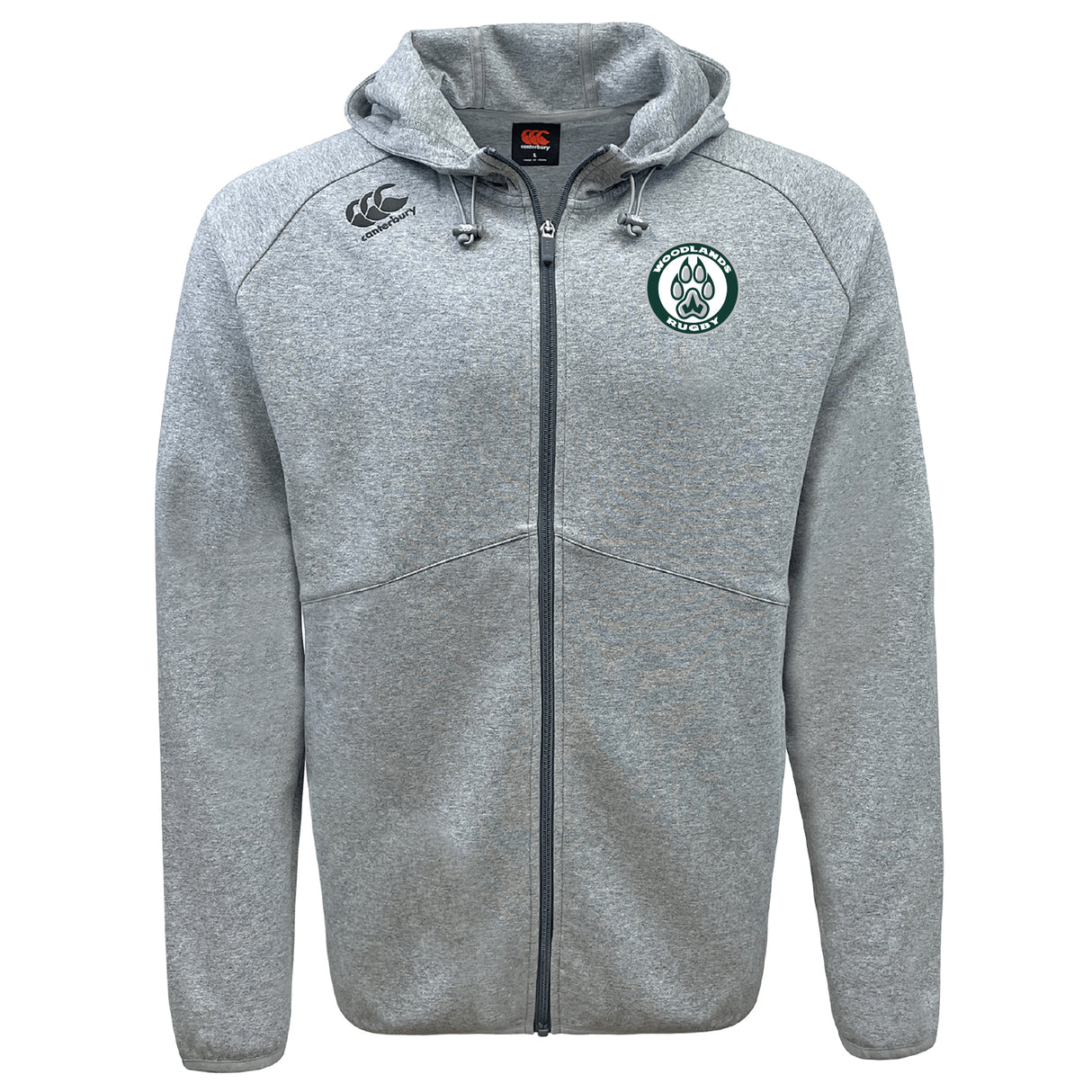 The Woodlands Youth Tempo Vapodri Full-Zip Hoodie by EMB Canterbury is a light grey, moisture-wicking hoodie with a hood, front pockets, right chest logo, and circular paw print emblem on the left. Stay stylish and comfortable all day.