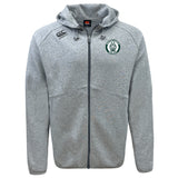 The Woodlands Youth Tempo Vapodri Full-Zip Hoodie by EMB Canterbury is a light grey, moisture-wicking hoodie with a hood, front pockets, right chest logo, and circular paw print emblem on the left. Stay stylish and comfortable all day.