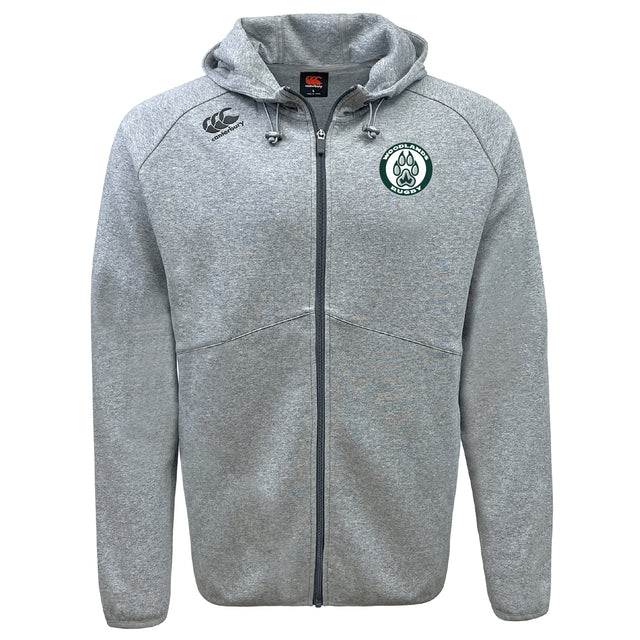 The Woodlands Youth Tempo Vapodri Full-Zip Hoodie by EMB Canterbury is a light grey, moisture-wicking hoodie with a hood, front pockets, right chest logo, and circular paw print emblem on the left. Stay stylish and comfortable all day.