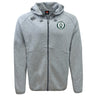 The Woodlands Youth Tempo Vapodri Full-Zip Hoodie by EMB Canterbury is a light grey, moisture-wicking hoodie with a hood, front pockets, right chest logo, and circular paw print emblem on the left. Stay stylish and comfortable all day.