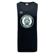 The Woodlands Youth Tempo Vapodri Singlet by WRS Canterbury is a black sleeveless jersey made from recycled polyester, featuring the Canterbury chest logo and a bold "Woodlands Rugby" paw print emblem on the front.