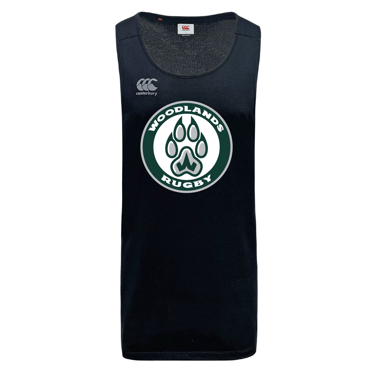 The Woodlands Youth Tempo Vapodri Singlet by WRS Canterbury is a black sleeveless jersey made from recycled polyester, featuring the Canterbury chest logo and a bold "Woodlands Rugby" paw print emblem on the front.