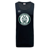 The Woodlands Youth Tempo Vapodri Singlet by WRS Canterbury is a black sleeveless jersey made from recycled polyester, featuring the Canterbury chest logo and a bold "Woodlands Rugby" paw print emblem on the front.