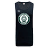 The Woodlands Youth Tempo Vapodri Singlet by WRS Canterbury is a black sleeveless jersey made from recycled polyester, featuring the Canterbury chest logo and a bold "Woodlands Rugby" paw print emblem on the front.