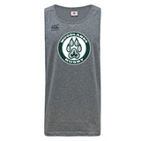 The Woodlands Youth Tempo Vapodri Singlet by WRS Canterbury is a gray sleeveless athletic top with "WOODLANDS RUGBY" and a green and white paw print logo on the chest, made from recycled polyester for performance and sustainability.