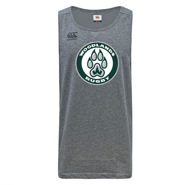 The Woodlands Youth Tempo Vapodri Singlet by WRS Canterbury is a gray sleeveless athletic top with "WOODLANDS RUGBY" and a green and white paw print logo on the chest, made from recycled polyester for performance and sustainability.