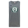 The Woodlands Youth Tempo Vapodri Singlet by WRS Canterbury is a gray sleeveless athletic top with "WOODLANDS RUGBY" and a green and white paw print logo on the chest, made from recycled polyester for performance and sustainability.