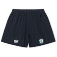 The Woodlands Youth Yokohama Short by EMB Canterbury features navy blue fabric, an elastic waistband, a white Canterbury logo, and a green circular animal paw emblem on the front—a classic rugby short design.