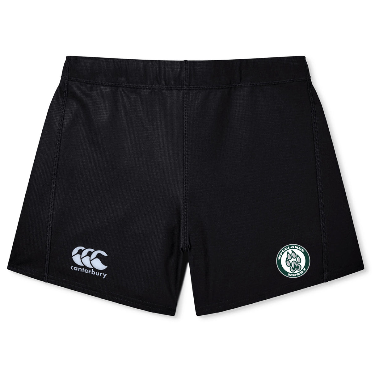 The Woodlands Youth Women's Yokohama Short by EMB Canterbury features the brand’s logo on the left leg and a paw print patch on the right, shown here against a white background.