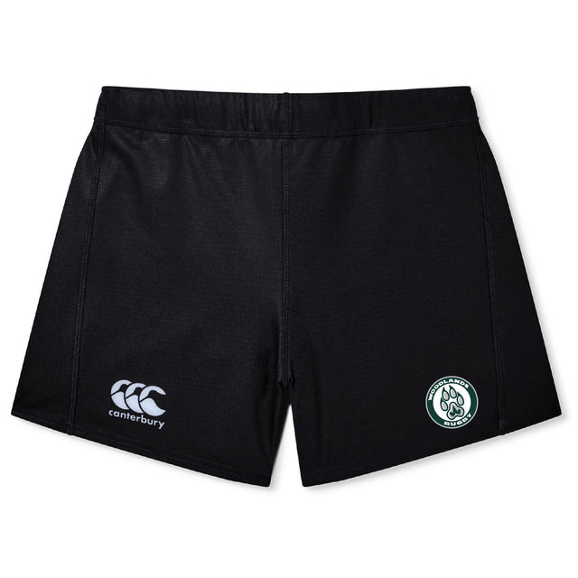 The Woodlands Youth Women's Yokohama Short by EMB Canterbury features the brand’s logo on the left leg and a paw print patch on the right, shown here against a white background.