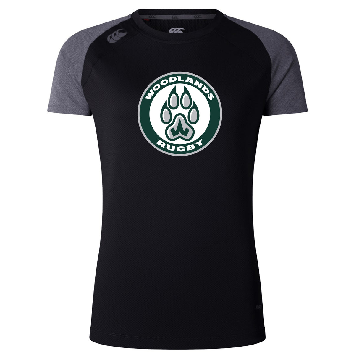 The Woodlands Youth Women’s Elite Training Tee by WRS Canterbury is a black and dark gray breathable athletic top featuring a "Woodlands Rugby" logo with a paw print on the chest.