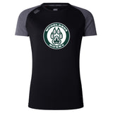 The Woodlands Youth Women’s Elite Training Tee by WRS Canterbury is a black and dark gray breathable athletic top featuring a "Woodlands Rugby" logo with a paw print on the chest.