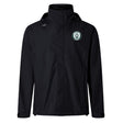 The Woodlands Youth Elite Storm Jacket by EMB Canterbury is a black jacket with a circular flame logo on the left chest and a small emblem on the right shoulder—ideal for pitchside protection.