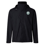 The Woodlands Youth Elite Storm Jacket by EMB Canterbury is a black jacket with a circular flame logo on the left chest and a small emblem on the right shoulder—ideal for pitchside protection.