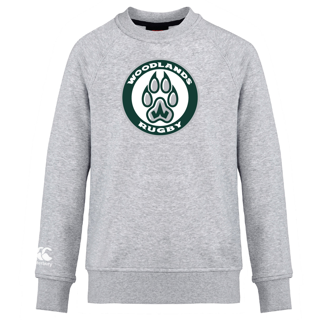 The Woodlands Youth Club Crew Sweatshirt by Canterbury features a "Woodlands Rugby" logo with paw print on the front and an embroidered CCC logo on the ultra-soft left sleeve. Brand: WRS Canterbury.