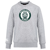 The Woodlands Youth Club Crew Sweatshirt by Canterbury features a "Woodlands Rugby" logo with paw print on the front and an embroidered CCC logo on the ultra-soft left sleeve. Brand: WRS Canterbury.