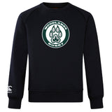 The Woodlands Youth Club Crew Sweatshirt by WRS Canterbury features an ultra-soft feel, a circular "Woodlands Rugby" logo with paw print on the chest, and an embroidered CCC logo on the left sleeve.