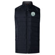 The Woodlands Youth Women's Elite Microlite Gilet by EMB Canterbury is a sleeveless black insulated vest with a front zip, green and white paw print logo on the chest, made from lightweight Thermoreg bonded fleece for warmth.