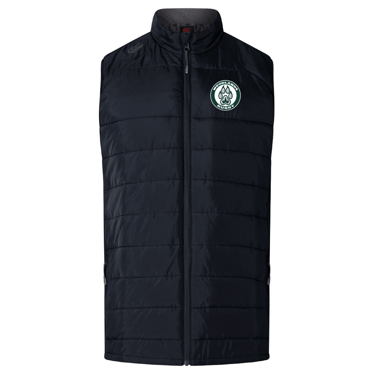 The Woodlands Youth Elite Microlite Gilet by EMB Canterbury is a black, sleeveless insulated vest with a front zipper and a round paw print emblem on the left chest.