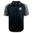 The Woodlands Youth Elite Polo by EMB Canterbury is a black and gray short-sleeve polo made with Vapodri fabrics, featuring a buttoned collar, logo on the left chest, and branding on the right shoulder.