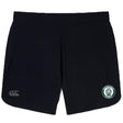 The Woodlands Youth Elite Woven Short by EMB Canterbury features a white "CCC" logo on the left leg, zippered pockets, and a green and white "Middlebury Rugby" paw print emblem on the right leg.