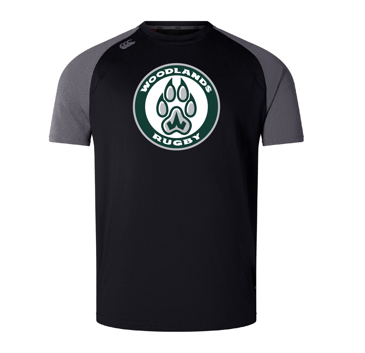 The Woodlands Youth Elite Training Tee by WRS Canterbury features black and gray short sleeves, a bold "Woodlands Rugby" chest logo with paw print, and is made from lightweight Vapodri fabric for comfort and performance.