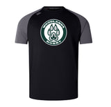 The Woodlands Youth Elite Training Tee by WRS Canterbury features black and gray short sleeves, a bold "Woodlands Rugby" chest logo with paw print, and is made from lightweight Vapodri fabric for comfort and performance.