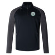 The Woodlands Youth Elite 1/4 Zip Top by EMB Canterbury is a black and dark gray athletic jacket with a zip collar, side pockets, and a green and white embroidered chest logo—ideal as a lightweight training top.