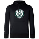 The Woodlands Youth Club Lightweight Hoodie by WRS Canterbury is a black hoodie with a kangaroo pocket, featuring a circular "Woodlands Rugby" logo and paw print on the chest.