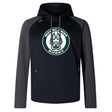 The Woodlands Youth Elite Training Hoody by WRS Canterbury features a black and dark gray design, "Woodlands Rugby" logo, large paw print on the chest, and offers performance-driven style and comfort.