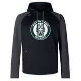 The Woodlands Youth Elite Training Hoody by WRS Canterbury features a black and dark gray design, "Woodlands Rugby" logo, large paw print on the chest, and offers performance-driven style and comfort.