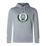 The Woodlands Youth Club Lightweight Hoodie by WRS Canterbury features a light gray design, large front "Woodlands Rugby" logo with paw print, cozy kangaroo pocket, and small Champion logo on the left sleeve.