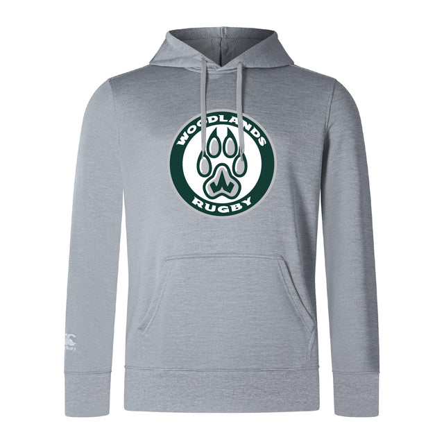 The Woodlands Youth Club Lightweight Hoodie by WRS Canterbury features a light gray design, large front "Woodlands Rugby" logo with paw print, cozy kangaroo pocket, and small Champion logo on the left sleeve.