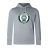 The Woodlands Youth Club Lightweight Hoodie by WRS Canterbury features a light gray design, large front "Woodlands Rugby" logo with paw print, cozy kangaroo pocket, and small Champion logo on the left sleeve.