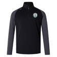 The Woodlands Youth Elite First Layer by EMB Canterbury is a black quarter-zip pullover with dark grey sleeves, featuring a circular dog logo on the left chest—perfect for rugby training.