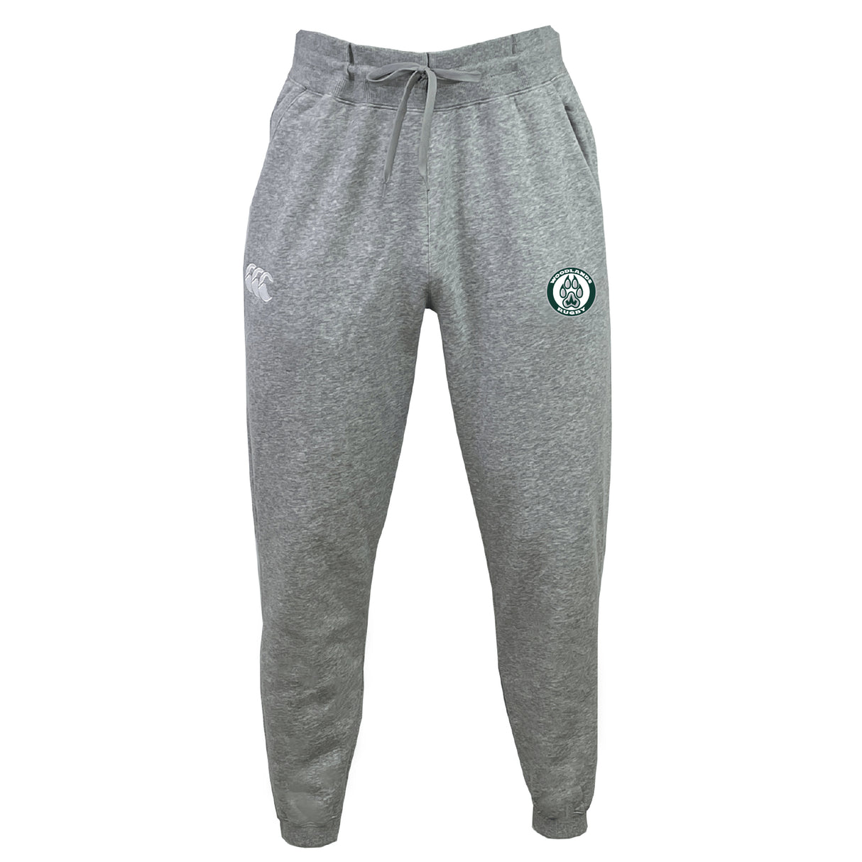 The Woodlands Youth Leisure Sweatpant by EMB Canterbury features a drawstring waist, tapered legs, two thigh logos, and is made from comfy organic cotton.