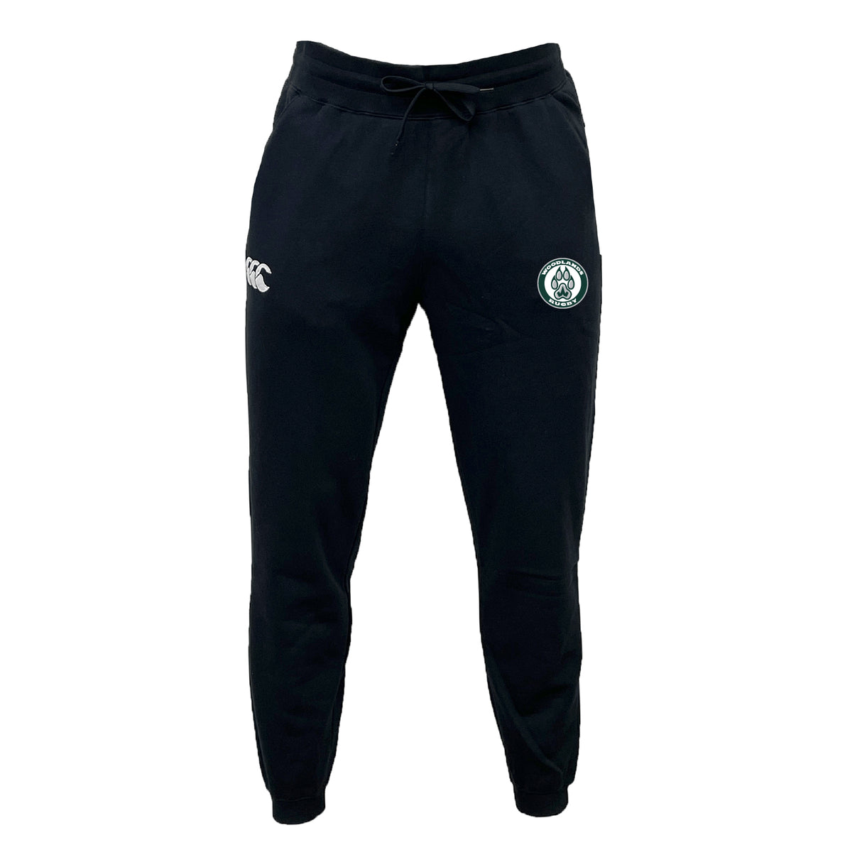 The Woodlands Youth Leisure Sweatpant by EMB Canterbury features a drawstring waist, sustainable fleece material, and two embroidered front logos—one on the left thigh and one on the right.