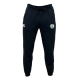 The Woodlands Youth Leisure Sweatpant by EMB Canterbury features a drawstring waist, sustainable fleece material, and two embroidered front logos—one on the left thigh and one on the right.