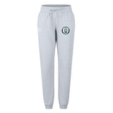 The Woodlands Youth Women's Leisure Sweatpant by EMB Canterbury features light gray organic cotton, a drawstring waist, and a green Milwaukee Bucks logo on the left thigh.