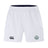 The Woodlands Youth Advantage Short 2.0 by EMB Canterbury features an elastic waistband, two side pockets, a black logo on the left leg, and a green/white emblem on the right. Perfect sustainable athletic shorts for active kids.