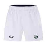 The Woodlands Youth Advantage Short 2.0 by EMB Canterbury features an elastic waistband, two side pockets, a black logo on the left leg, and a green/white emblem on the right. Perfect sustainable athletic shorts for active kids.